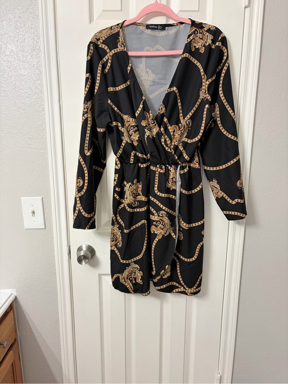 Boohoo Black Dress with Gold Chain & Baroque Print